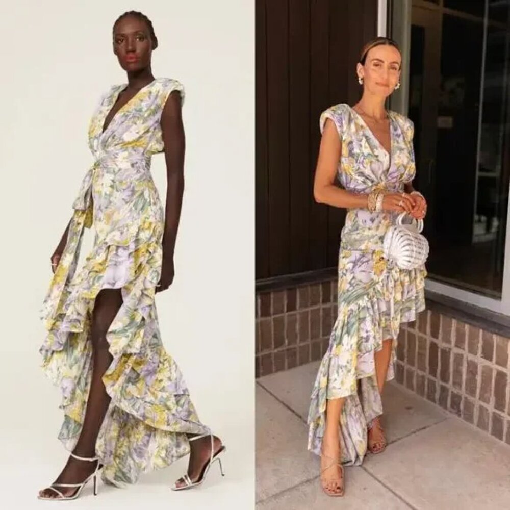 Bronx And Banco Tropics Gown Floral Asymmetrical Ruffle Tiered Maxi Dress Silk 6